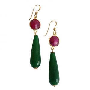Gemshine - Damen - Ohrringe - Vergoldet - Rubin - Jade - Rot - Grün - PARTY DROPS - 5 cm