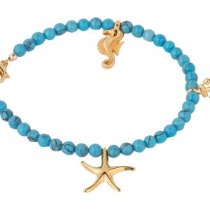 GEMSHINE Maritim Nautics Armband: Seepferd, Seestern und Anker aus 925 Silber, vergoldet oder rose. Navy Stil mit Türkis Edelsteinen - Made in München, Deutschland, Metall Farbe:Silber vergoldet