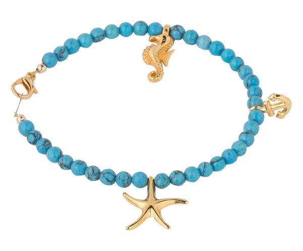 GEMSHINE Maritim Nautics Armband: Seepferd, Seestern und Anker aus 925 Silber, vergoldet oder rose. Navy Stil mit Türkis Edelsteinen - Made in München, Deutschland, Metall Farbe:Silber vergoldet