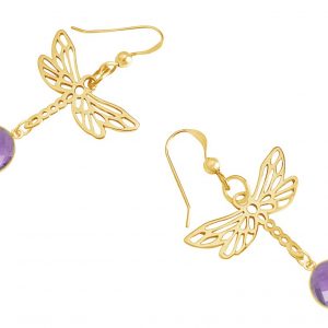 Gemshine - Damen -  Ohrringe - 925 Silber - Vergoldet - LIBELLE - Amethyst - Lila - Violett - 4 cm