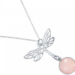 Gemshine - Damen -  Halskette - Anhänger - 925 Silber - LIBELLE - Rosenquarz - Rosa - 45 cm