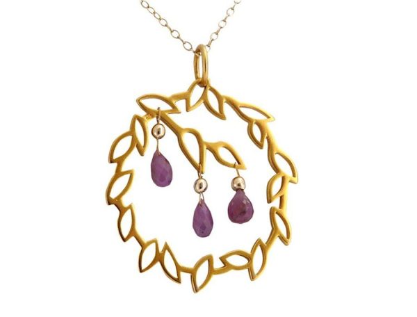 Gemshine - Damen - Halskette - Anhänger - Rubin - 925 Silber - Vergoldet - Lotus Blumen GARLAND - Rot - LEAVES - 3,5 cm – Bild 5